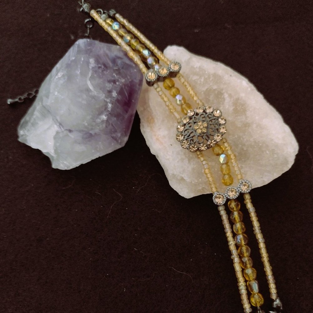 Caramel Bead Faux Diamond Rhinestone Silver Metal Bracelet